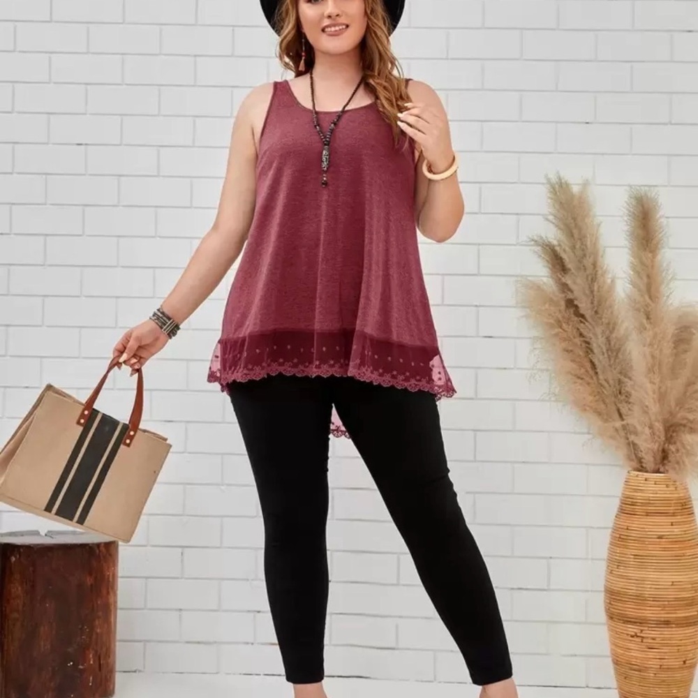 Women's Lace-Hem Scoop Neck Tank Top in Burgundy - Picture 6 of 6